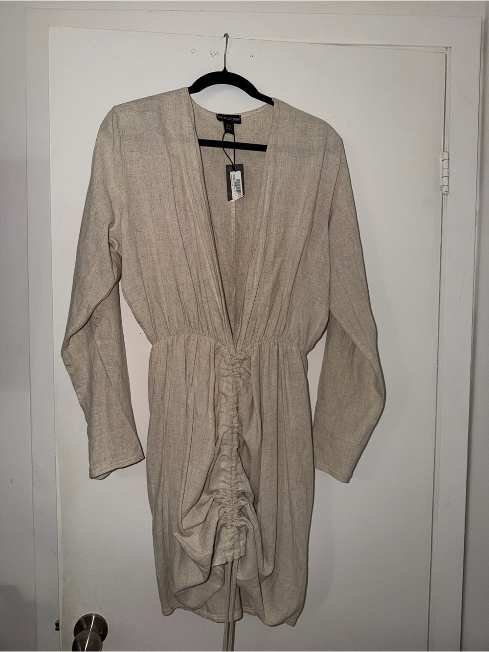 PrettyLittleThing Beige Ruched Front Long Sleeve Dress
